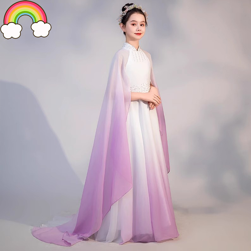 高端女童古筝演出服白色渐变披风中国风主持走秀钢琴演奏表演礼服