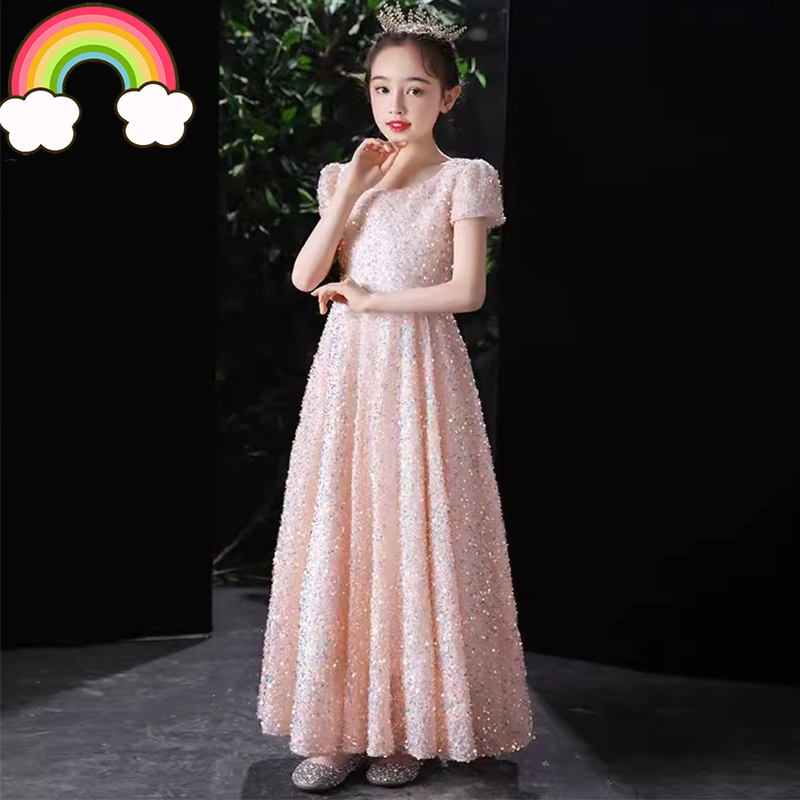 高端原创儿童礼服粉色公主裙新款小主持人花童女童生日钢琴演出服