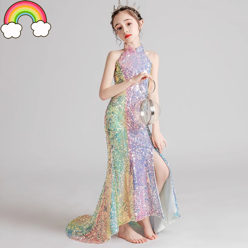高端女童晚礼服鱼尾小女孩公主裙亮片拖尾儿童模特舞台走秀演出服