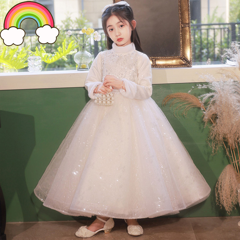 高端公主裙女童礼服长袖冬加绒儿童主持人花童唱歌演讲比赛钢琴潮