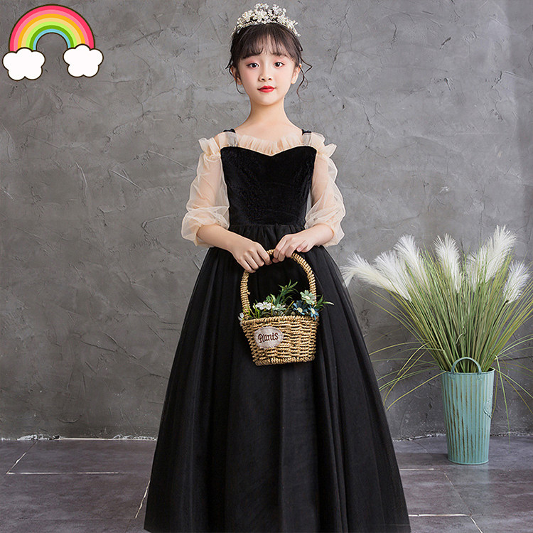 高端儿童礼服公主裙钢琴演讲唱歌比赛黑色大童长裙主持人女童礼服