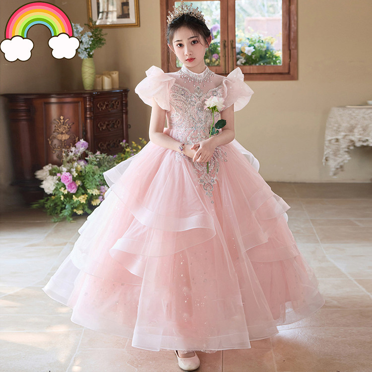 高端粉色女童绝美礼服公主裙女孩轻奢小众主持人儿童钢琴演奏演出