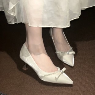 綢緞禮服鞋 2025年新款 尖頭單鞋 女細跟婚鞋 伴娘鞋 蝴蝶結高跟鞋 法式