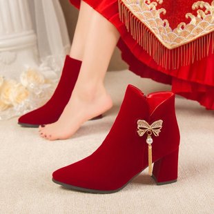 高跟鞋 冬季 2023年新款 新娘鞋 女粗跟秀禾婚纱两穿红色结婚靴子 婚鞋
