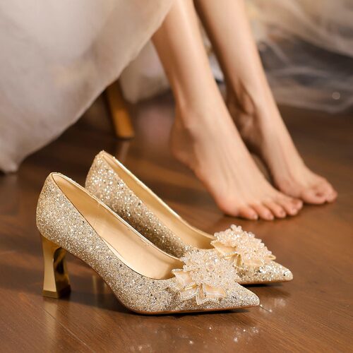 法式尖头高跟鞋女秀禾主婚纱两穿婚鞋粗跟香槟色蝴蝶结亮片水晶鞋