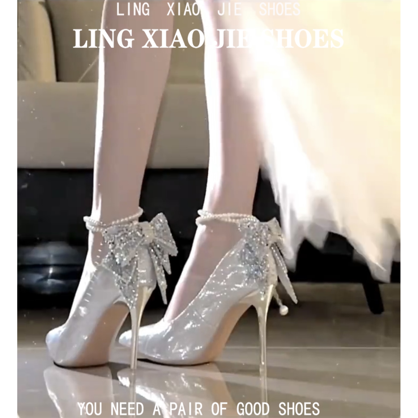 银色珍珠链高跟鞋女2025新款尖头蝴蝶结细跟公主18岁成人礼水晶鞋