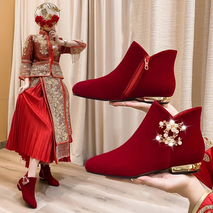 秀禾婚纱两穿粗跟不累脚孕妇平底新娘鞋 女酒红色中式 靴子 婚鞋 冬季