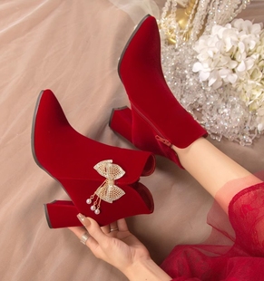 靴子加绒保暖红色短靴新娘鞋 女2023新款 秀禾服两穿结婚靴 婚鞋 冬季