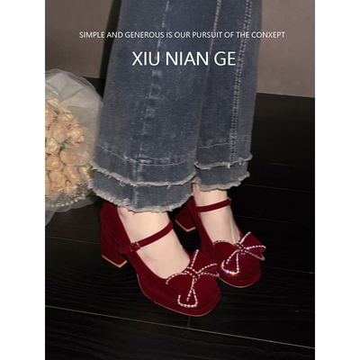 蝴蝶结订婚鞋粗跟绝美红色高级感秀禾敬酒礼服新娘玛丽珍高跟鞋女