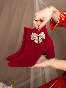 粗跟新娘高跟鞋 女2023新款 秀禾婚纱两穿加绒红色短靴子 结婚鞋 冬季