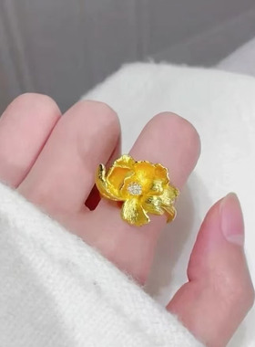 金店同款沙金芍药花戒指精致可调节开口戒结婚订婚三金戒指首饰