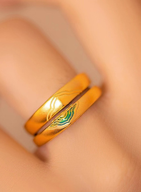 金店同款金色沙金仿真珐琅结婚戒指情侣对戒5G结婚烧蓝指环假三金