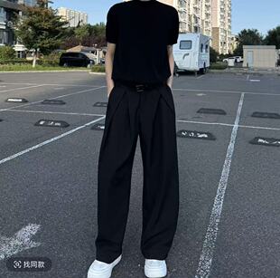 老钱风垂坠感西裤男黑色立体褶皱高级感阔腿休闲裤分九汕裤西装
