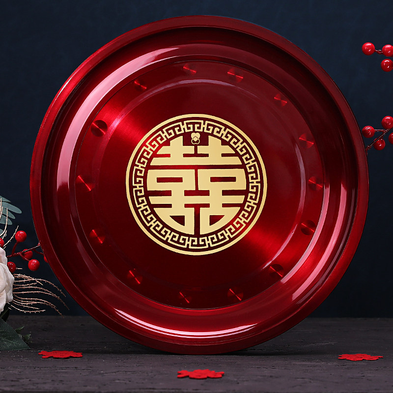 茶盘婚庆托盘红色圆盘新人敬茶盘圆形铁盘结婚圆盘婚礼果盘百合盘