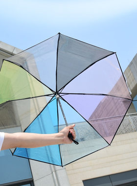 彩虹透明雨伞女折叠全自