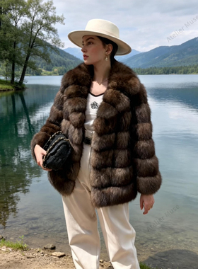 26新款俄罗斯紫貂皮草大衣女西装领环保水貂满天星显贵妇保暖显瘦