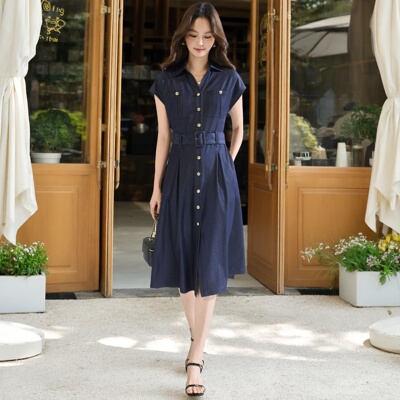 通勤天丝仿牛仔收腰抗皱衬衫裙