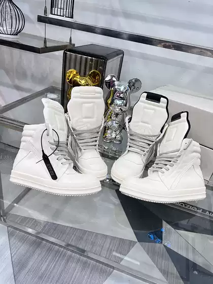 Round Owens High-Top Shoes for Men, Genuine Leather, White Inverted Triangle Thick-Soled Hip-Hop High Street Trendy Sneakers for Women