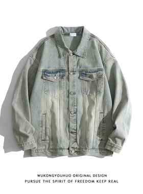 悟空有货潮牌复古做旧水洗牛仔夹克男女ins街头宽松情侣百搭外套