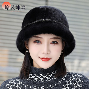 真毛百搭盆帽渔夫帽保暖护耳圆顶 貂毛帽子女冬天水貂皮草秋冬韩版