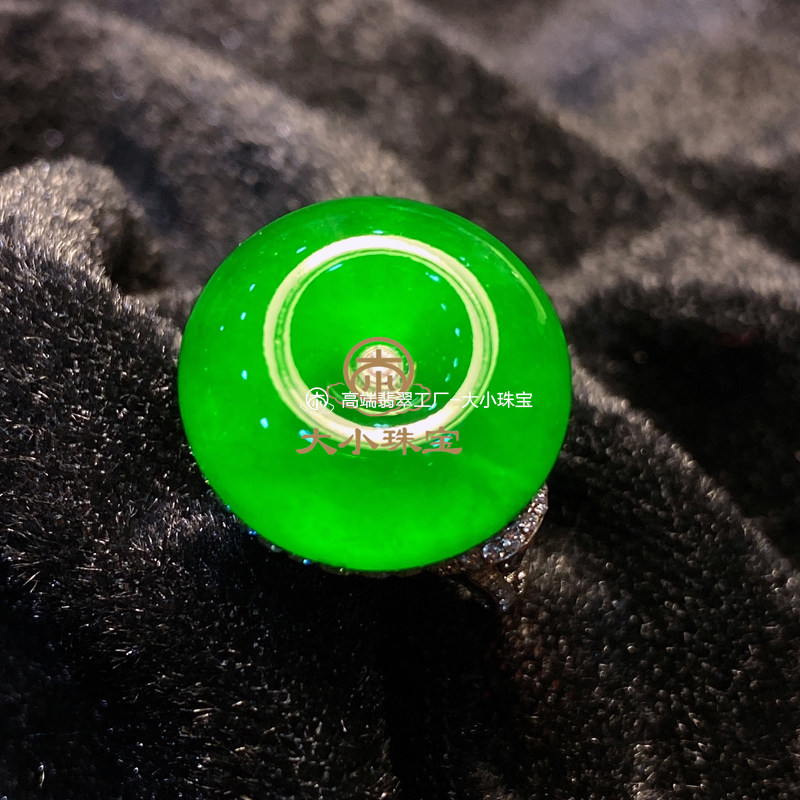 大小珠宝高冰种满色正阳绿天然翡翠平安扣戒指浓阳盈翠冰胶光韵