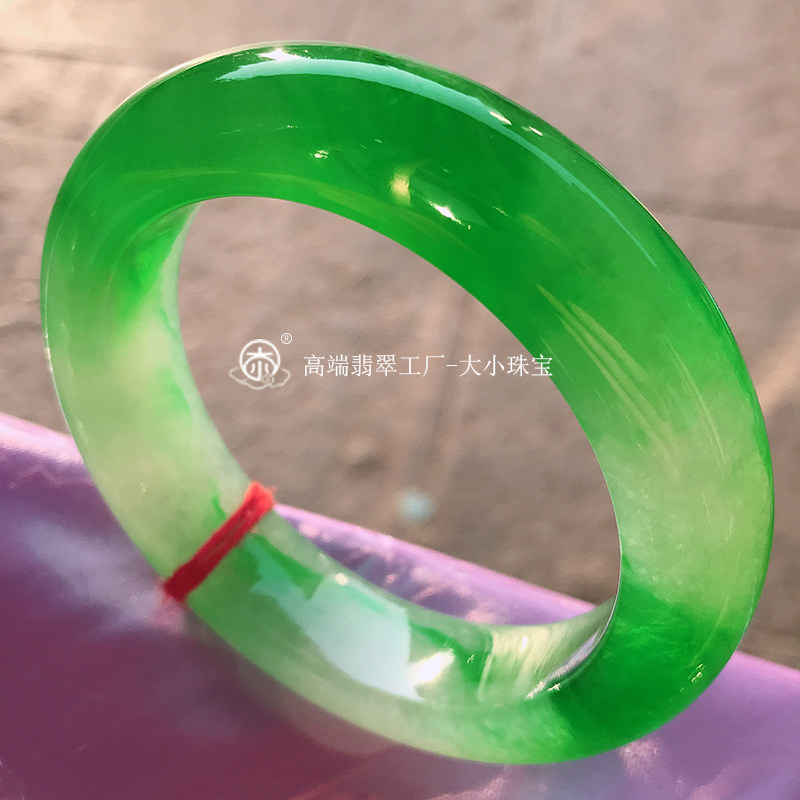 大小珠宝 缅甸老坑冰种阳绿翡翠手镯玉镯子正圈56mm高端天然翡翠