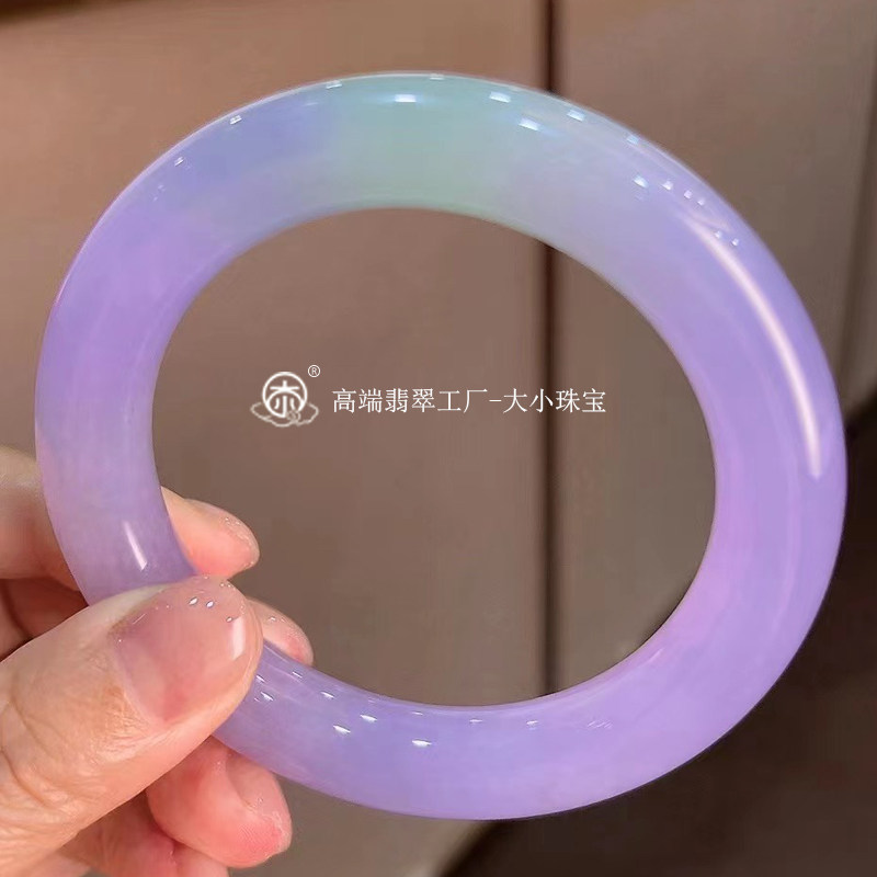 大小珠宝冰种春带彩天然翡翠手镯圆条58老坑细腻冰润茄紫翡翠玉镯