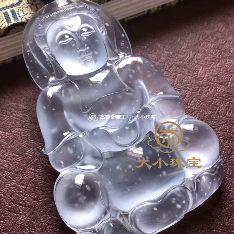 大小珠宝木那料高冰种飘雪花天然翡翠观音吊坠老坑冰透缅甸玉观音