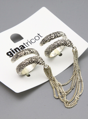 K欧美夸张银色双指蛇造型流苏链条戒指指环孤品