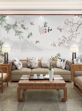 新中式墙纸手绘工笔花鸟壁画电视背景墙装饰画沙发自粘背景墙壁纸