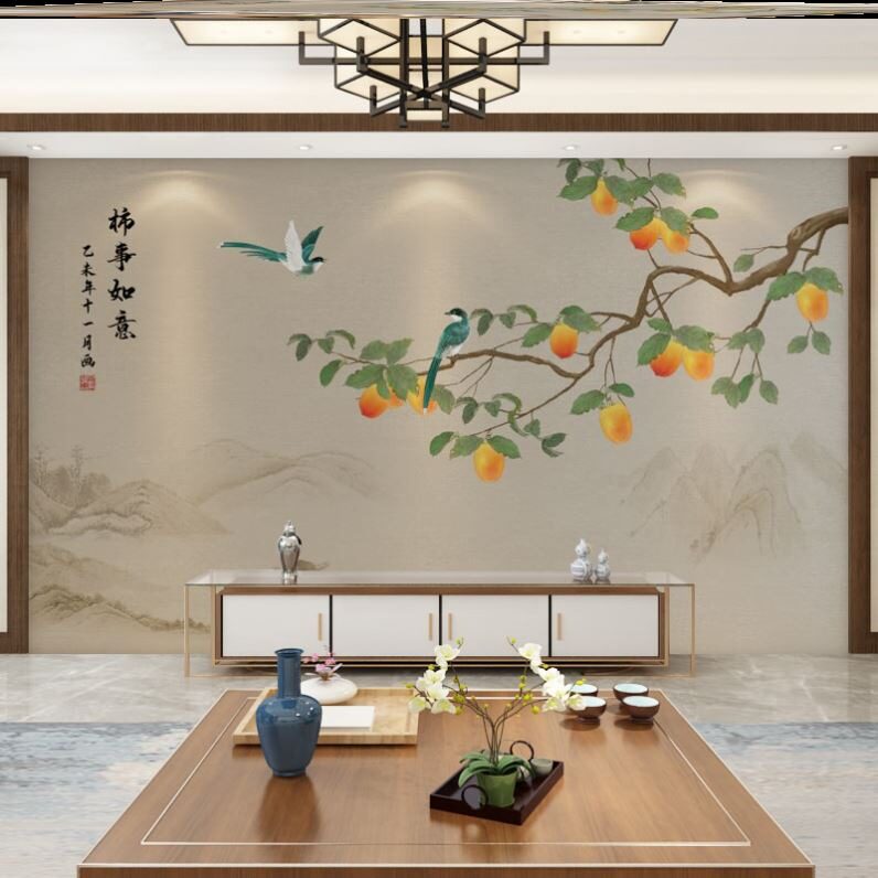 新款柿柿如意客厅电视背景墙纸自粘壁纸寓意玄关走道壁画防水墙布
