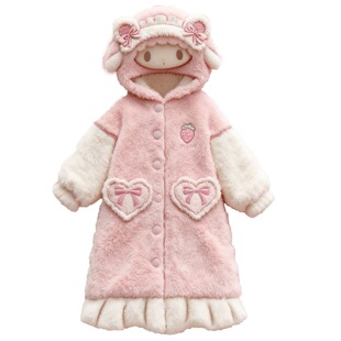 新款必爱诺小羊睡袍女珊瑚绒加绒加厚睡衣女可爱卡通家居服可外穿