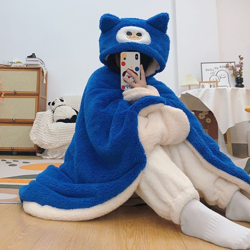 可爱艾露猫斗篷怪物呆猫猎人连帽秋冬季珊瑚绒加绒加厚长款睡衣女