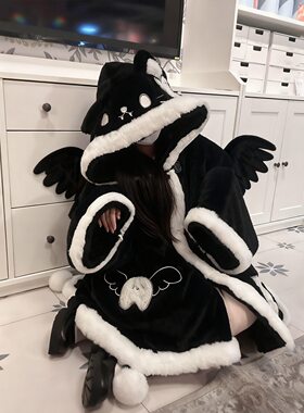 新款秋冬季幽灵黑色小猫斗篷睡袍保暖长毛珊瑚绒可爱卡通服可外穿