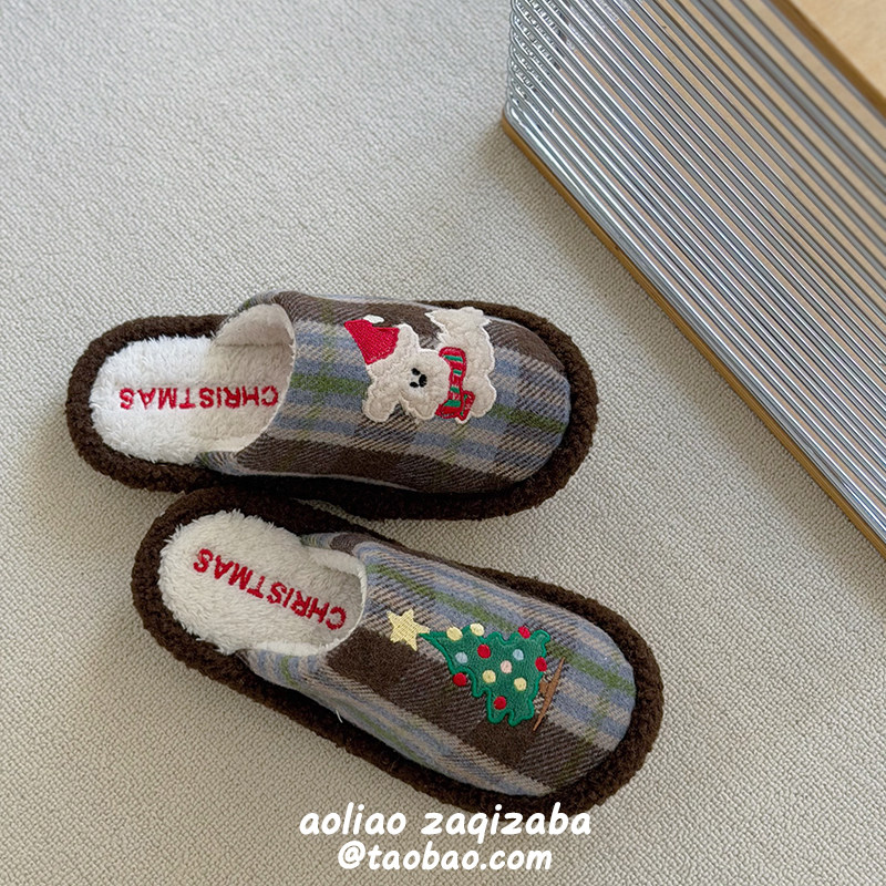 可爱圣诞树毛毛拖鞋冬季加绒保暖
