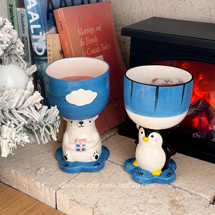 可爱手绘立体企鹅高脚杯生日礼物女生马克杯高颜值陶瓷杯子伴手礼