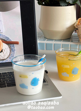 夏季可爱小鱼图案玻璃杯浅蓝卡通冷饮杯ins风咖啡杯早餐牛奶杯女