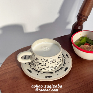 日式复古萌宠猫咪马克杯陶瓷杯粗陶咖啡杯碟套装伴手生日礼物女生