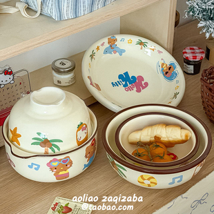 童趣奶油风黑皮kt猫咪餐具陶瓷套装印花盘家用一人食菜盘可爱 女