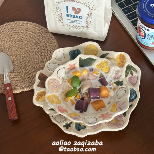 日式复古粗陶釉下彩手绘花卉盘子早餐盘意面盘酸奶沙拉碗生日礼物