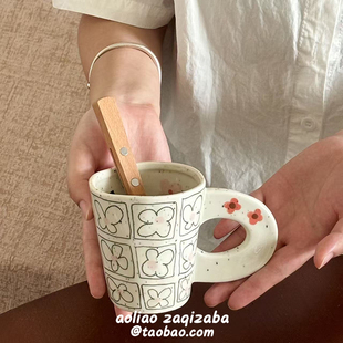 复古花朵好看艺术陶瓷马克杯高颜值咖啡杯早餐杯创意生日礼物女生