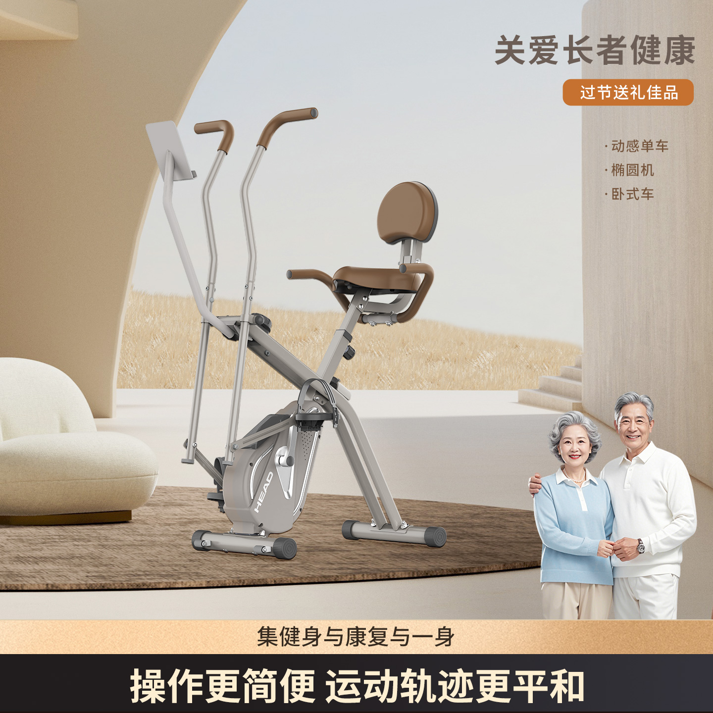 HEAD海德椭圆机智能健身静音动感单车二合一家庭用小型折叠康复仪