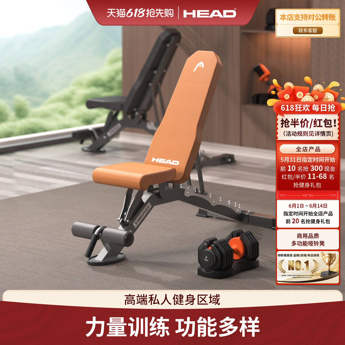 HEAD海德哑铃凳卧推凳健身椅仰卧起坐运动器材男士商用椅子训练凳