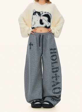 灰色毛呢阔腿运动裤女慵懒抽绳长裤子春秋美式街头潮牌宽松休闲裤