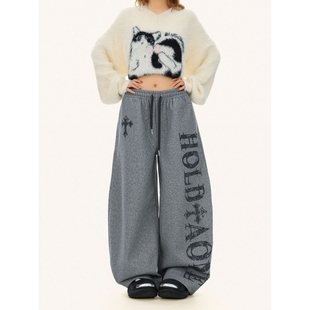 街头潮牌宽松休闲裤 子秋冬美式 女慵懒抽绳长裤 灰色毛呢阔腿运动裤