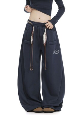 丝巾腰带刺绣弯刀卫裤女阔腿运动裤春秋美式宽松慵懒爵士舞休闲裤