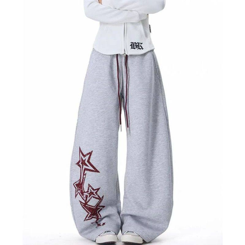 灰色美式印花抽绳卫裤女阔腿运动