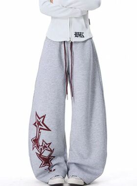灰色美式印花抽绳卫裤女阔腿运动裤春秋宽松慵懒爵士舞休闲弯刀裤