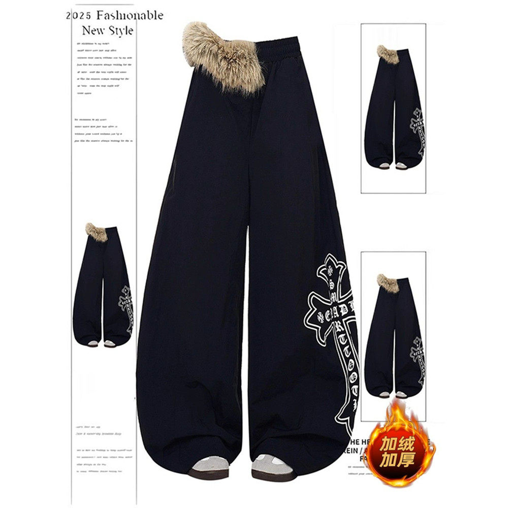 jazz毛领拼接加绒弯刀阔腿裤女运动卫裤子秋冬美式潮牌宽松休闲裤,女装/女士精品,卫裤,淘宝优惠券,粉丝福利购,淘宝优惠卷