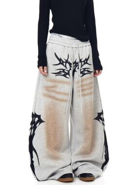 做旧印花阔腿运动卫裤女慵懒长裤子春秋美式复古宽松爵士舞休闲裤